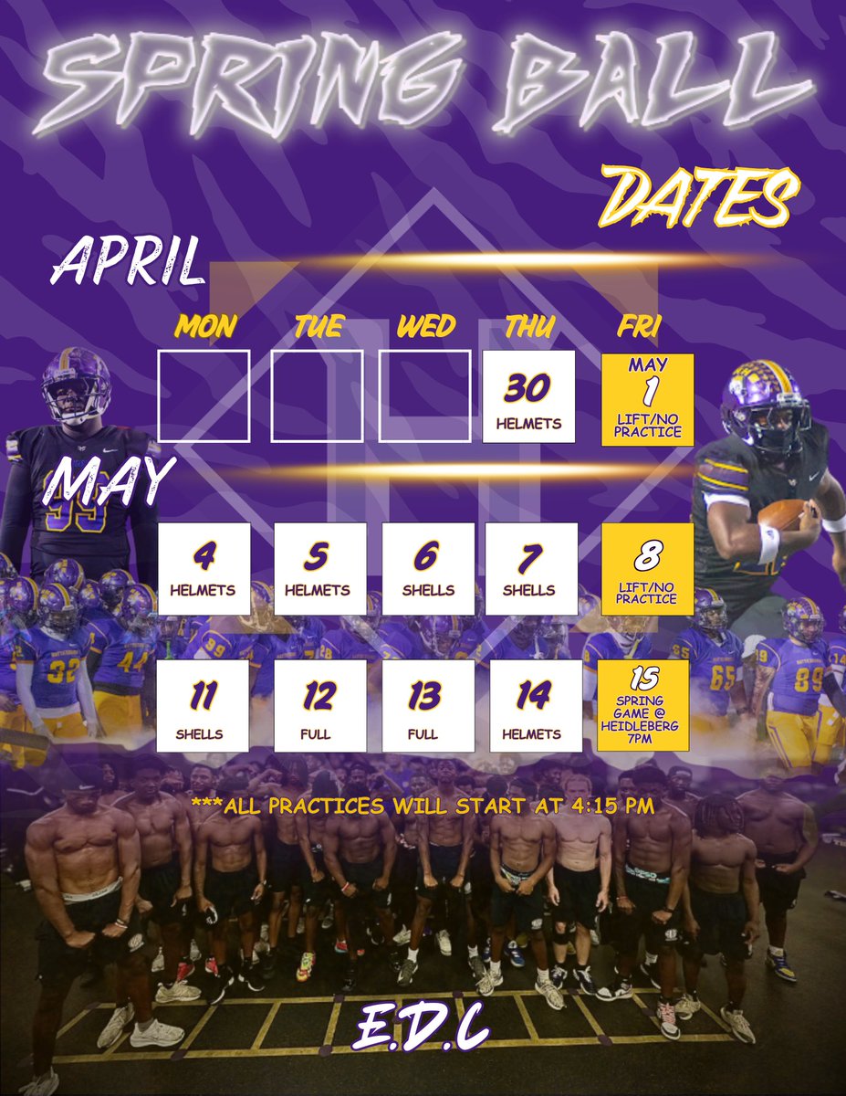 Excited to get back to work!!! Come check us out this Spring at Hattiesburg High School!! All practices will start at 4:15pm. We will conclude our spring practices with our Spring Game on the road versus Heidelberg on May 15th beginning at 7:00pm. Go Tigers!! #BurgBuilt™️ #EDC