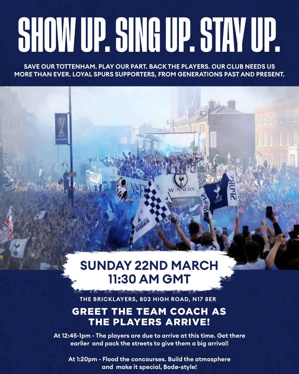 SpursArmyTweets's tweet photo. SHOW UP. SING UP. STAY UP.

#thfc fans, tomorrow is the day. Time to come together as one, make our voices heard, support the team and make the difference off the pitch.

All together, always. 🤍💙 https://t.co/6CuvuJN3ki