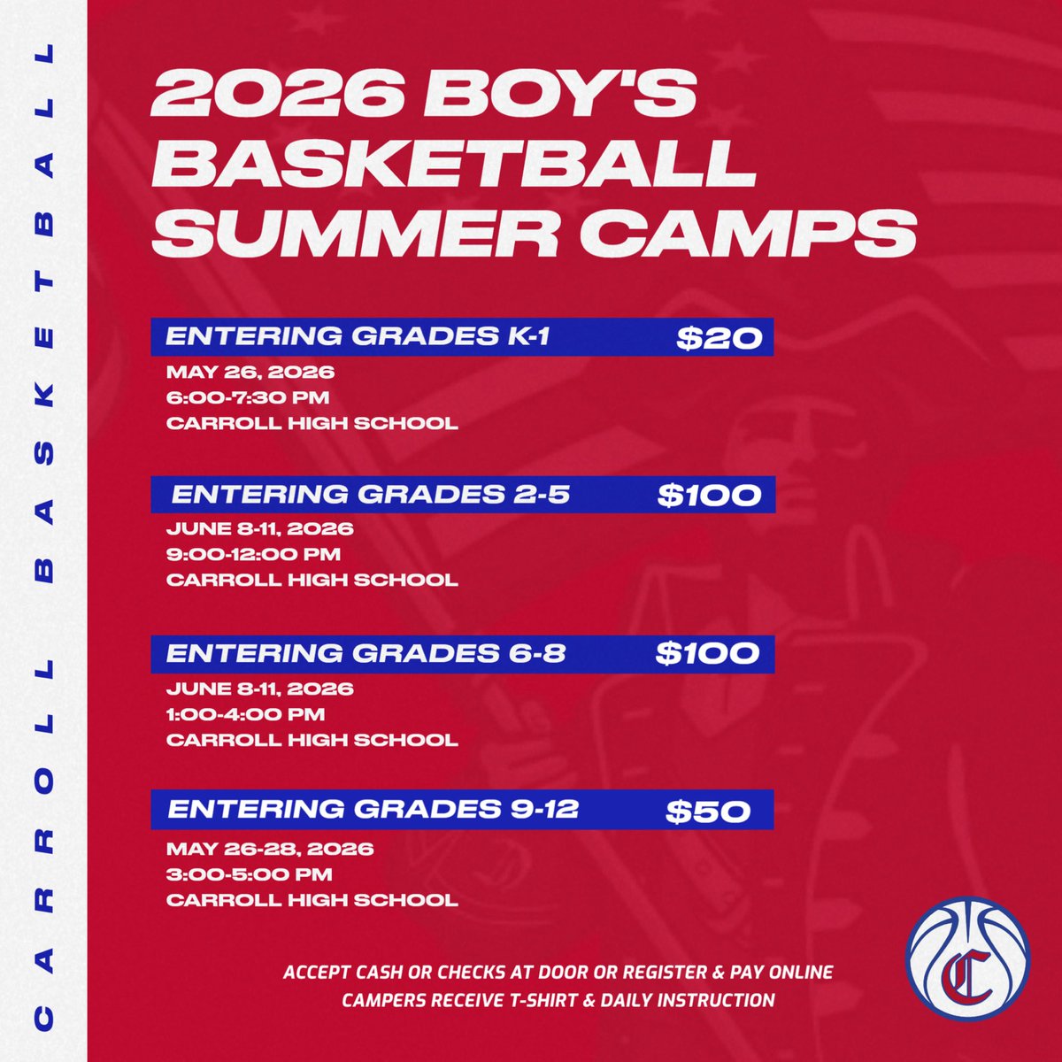 CarrollBoysBB's tweet photo. 🏀 𝑩𝒂𝒔𝒌𝒆𝒕𝒃𝒂𝒍𝒍 𝑪𝒂𝒎𝒑

It’s time to register for basketball camp this summer!

➡️: https://t.co/NsiMRD9KH5

#PatriotPride https://t.co/WaGe1OGvWr