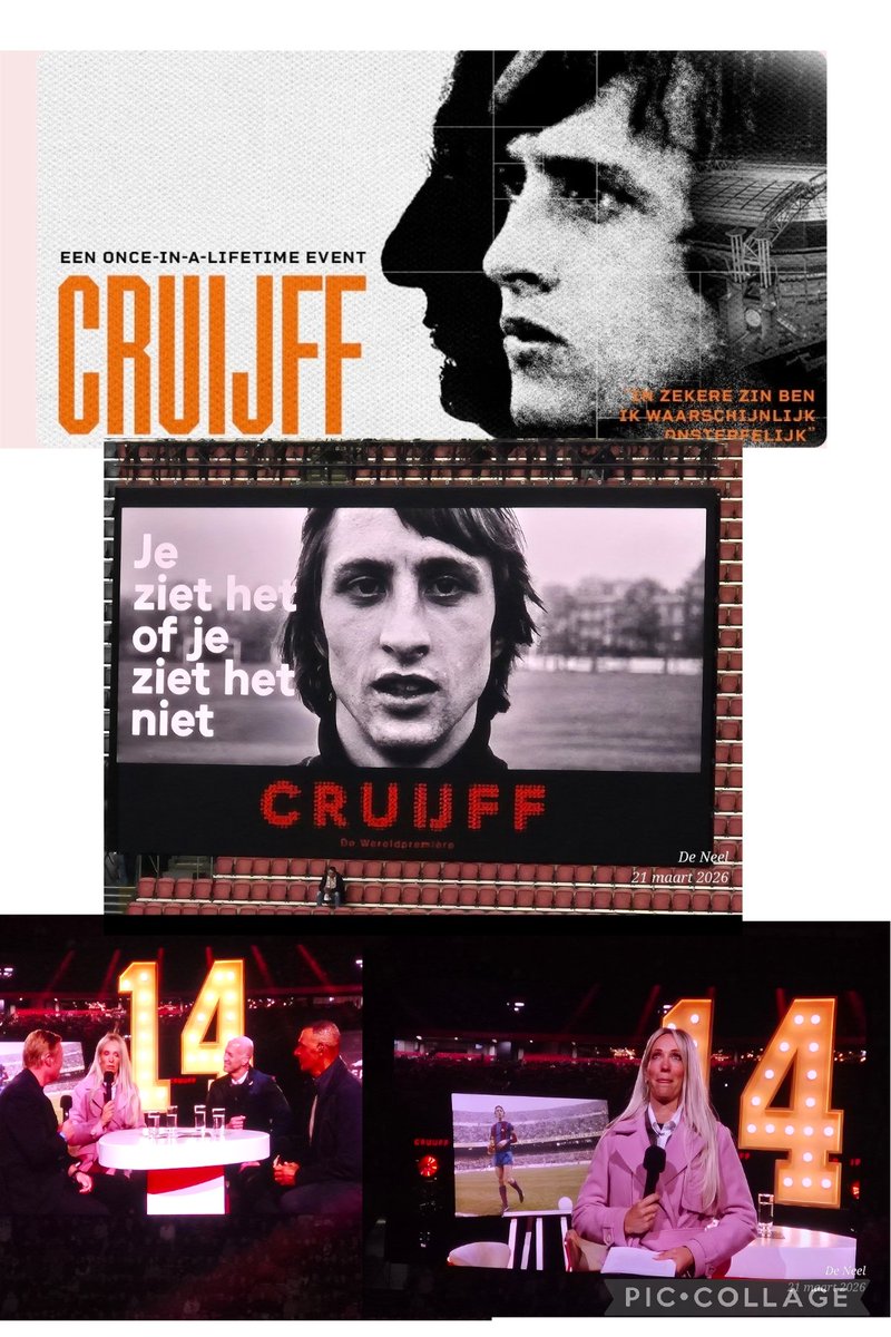 Vanavond aanwezig geweest bij de premiere van de nieuwe docu over Johan Cruijff.

Na een gesprek van Heleen Hendriks met Jordi Cruijff, R. Koeman en R. Gullit, een voordracht van Peter Heerschop en een prachtige lichtshow volgde de docu deel 1 en 2.  Binnenkort de 4 delen op NTR.