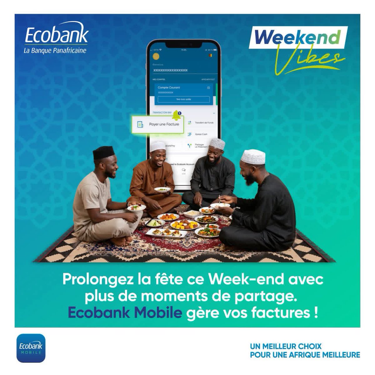 EcobankCameroun's tweet image. Faites durer la célébration.

Avec Ecobank Mobile, gérez vos factures facilement, où que vous soyez.

#EcobankMobile #UnMeilleurChoix #BanqueDigitale
#BanqueMobile #EcobankCameroun