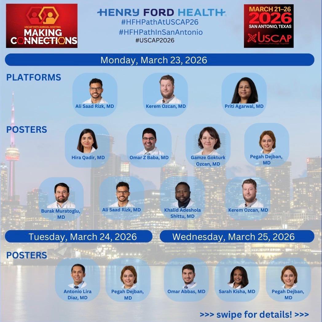 HFHPathRes's tweet photo. Can’t wait for #USCAP2026!! See you in San Antonio, and check out our platform and poster presentations #pathresident #uscap2026 #henryford https://t.co/KeigfeLg79