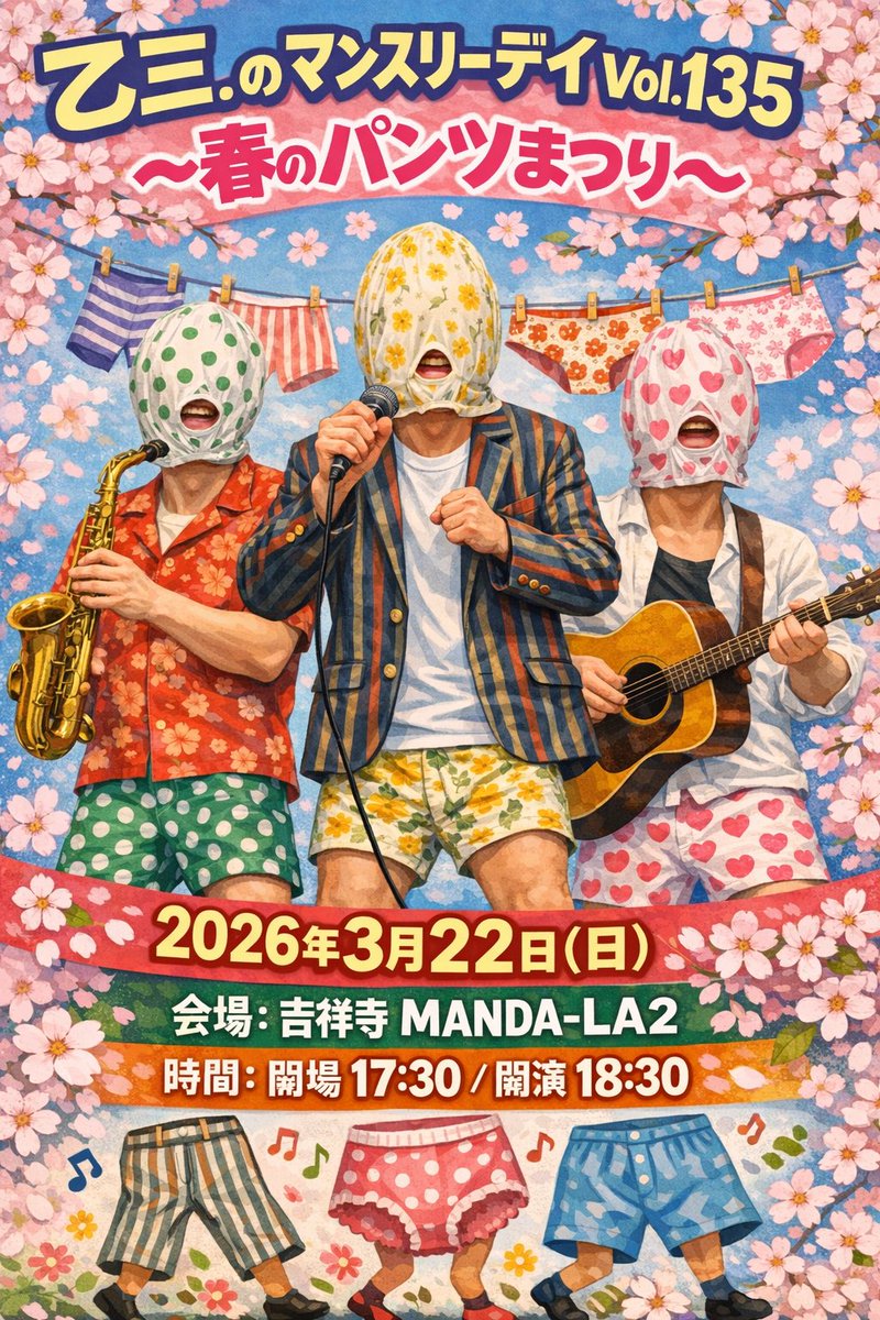 ossan_dot's tweet photo. ⚠️本日⚠️【無料生配信あり】
『乙三.のマンスリーデイ Vol.135』〜春のパンツまつり〜

■会場: 吉祥寺 MANDA-LA2
■時間: 開場 17:30 /開演 18:30
■料金: 事前予約￥3,500-/当日￥4,000-(共に別途1ドリンク注文) 

MANDA-LA2公式にて生配信ありです‼️
@manda_la2 https://t.co/zBWmkNtL8a