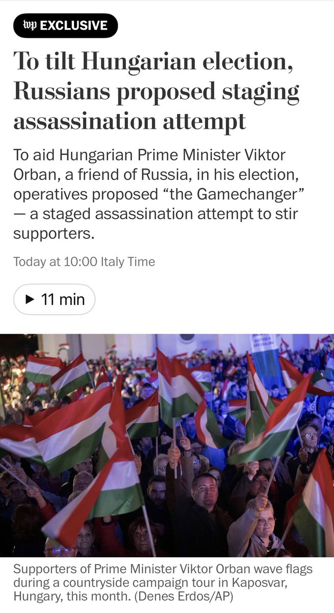 emmevilla's tweet photo. Per sostenere la campagna elettorale di Orbán, in Ungheria, i servizi segreti esteri russi hanno proposto di inscenare un attentato alla sua vita.

L’Operazione “Gamechanger” è andata male. Sono stati scoperti. https://t.co/RilVevZkBk