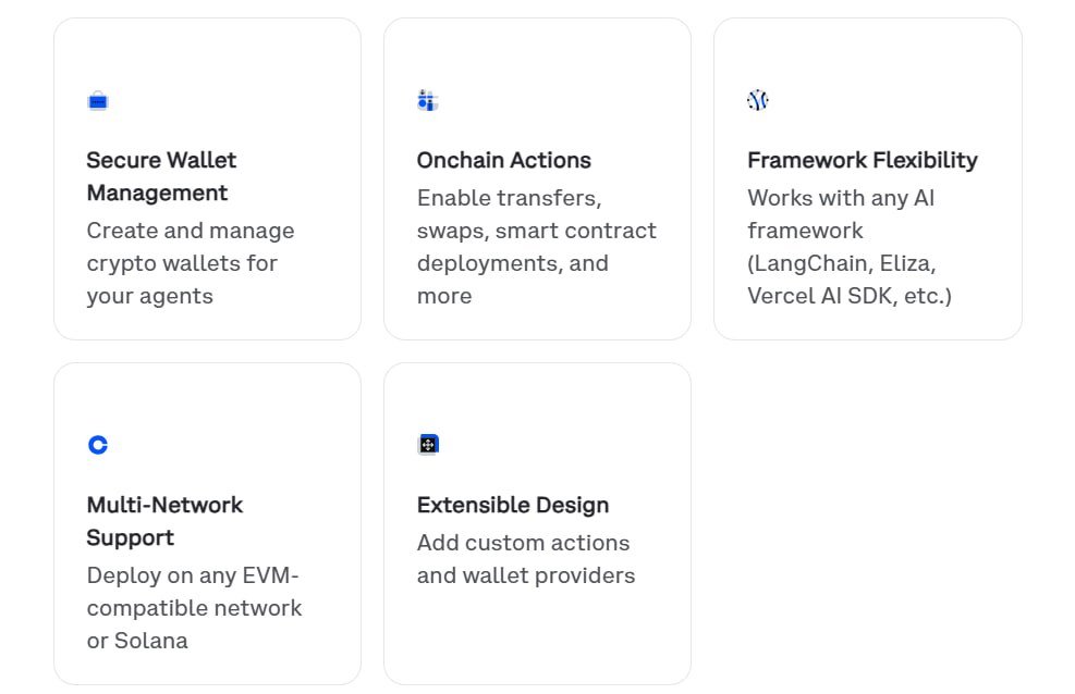 AgentKitAI's tweet photo. Why choose AgentKit?

With AgentKit, we provide your AI the access to :
Secure Wallet Management
Onchain Actions
Framework Flexibility
Multi-Network Support
Extensible Design

With those tool, we can ensure that your experience with AI Agent will be the greatest ever! https://t.co/8CSu59h6UQ