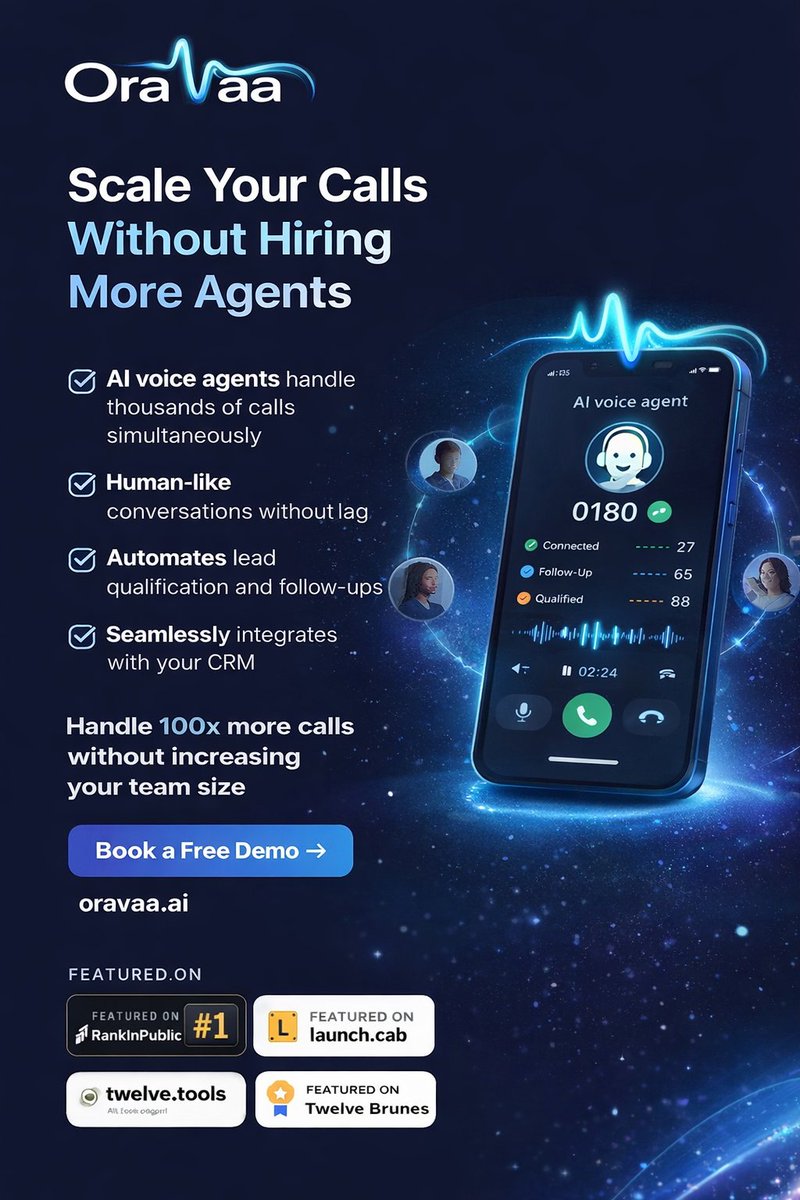 Oravaa_ai's tweet photo. More calls. Less cost.

Oravaa AI runs your inbound &amp; outbound calls like a real human.

Never miss a lead again.

Demo → https://t.co/9ZVb0v7vw2

#ConversationalAI, #AIForBusiness https://t.co/MPSXgw5sES