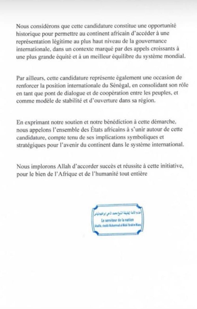 Feuz_Feuz's tweet photo. DÉMENTI OFFICIEL

Le Khalif de la Faydha Tijjaaniya, Shaykh Mouhamadoul Mahy Ibrahima Niass, porte à la connaissance de l’opinion publique que les propos actuellement relayés sur les réseaux sociaux à son sujet, relatifs à un prétendu soutien à la candidature de l’ancien Président Macky Sall au poste de Secrétaire général de l’ONU, sont totalement infondés, erronés et ne reflètent en rien la réalité.