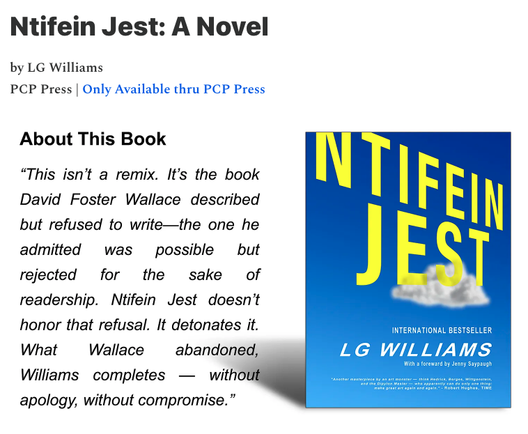 lgwilliams's tweet photo. @maxdaniellawton Infinite Jest is the book everyone admires. But he openly admitted the book he should have written would have been unreadable—and chose against it.

Ntifein Jest is that book.

One was canonized.
The other removes the safety rails.

https://t.co/ZYKyl5rTf8 https://t.co/aCT4k8lNp8