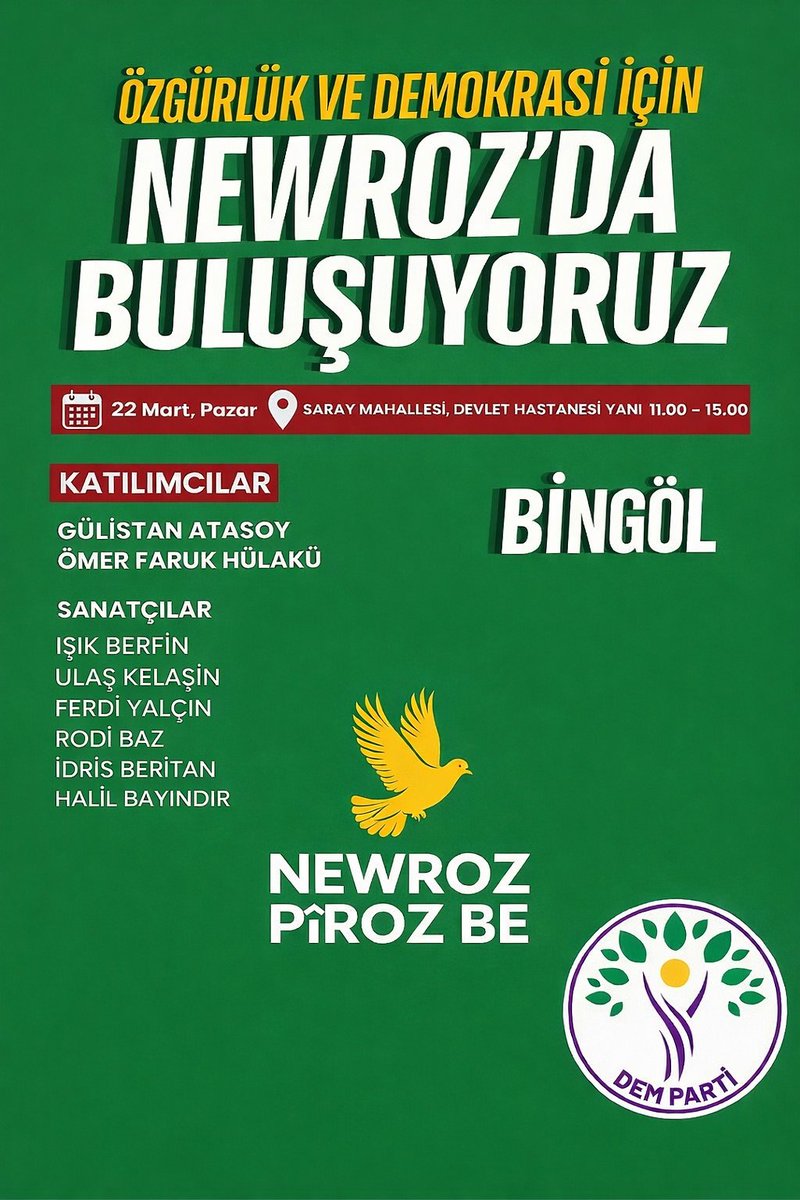 Yarın (22 Mart Pazar) Bingöl’de Newroz’da buluşuyoruz.

📍 Saray Mahallesi, Devlet Hastanesi yanı
🕚 11.00

Newroz’un ortaklaşma, dayanışma ve birlikte söz kurma çağrısında
herkesi bu buluşmaya davet ediyoruz.

Newroz Pîroz Be!