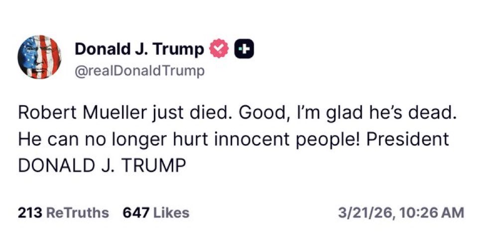 ProudElephant's tweet image. 🚨 JUST IN: President Trump celebrates the death of disgraced former Special Counsel Robert Mueller, who investigated him in the Trump-Russia hoax.