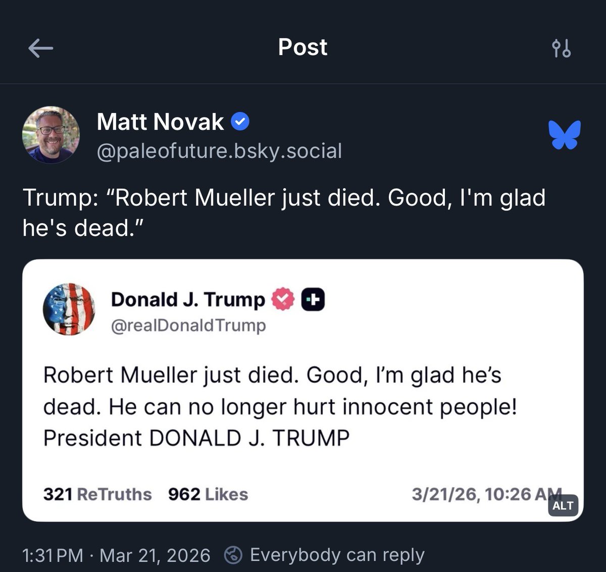 Says everything about who Trump is.

And it was totally predictable and not surprising.

Which also says a lot about those who support &amp; don't criticize him for being a horrible human being.