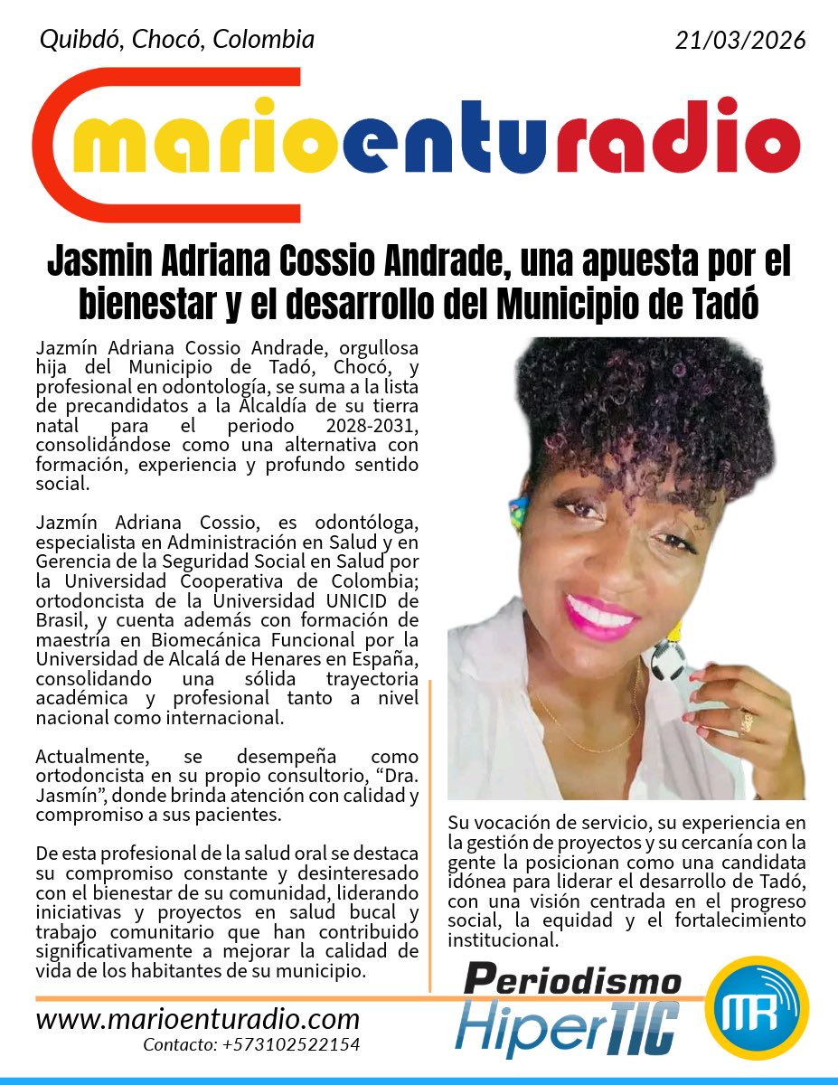 Jasmin Adriana Cossio Andrade, una apuesta por el bienestar y el desarrollo del Municipio de Tadó.