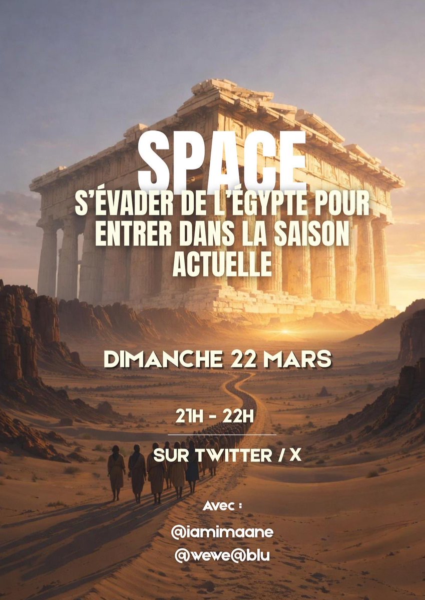 favisrl's tweet photo. Bonsoir à tous 

Nouveau Space demain soir sur « S’évader de l’Egypte pour entrer dans la saison actuelle ». 

N’hésitez pas à vous connecter, ce sera l’occasion de découvrir ce que dieu fait actuellement sur la terre !

DM pour + d’infos 😇 https://t.co/4x19nQ1Cvd