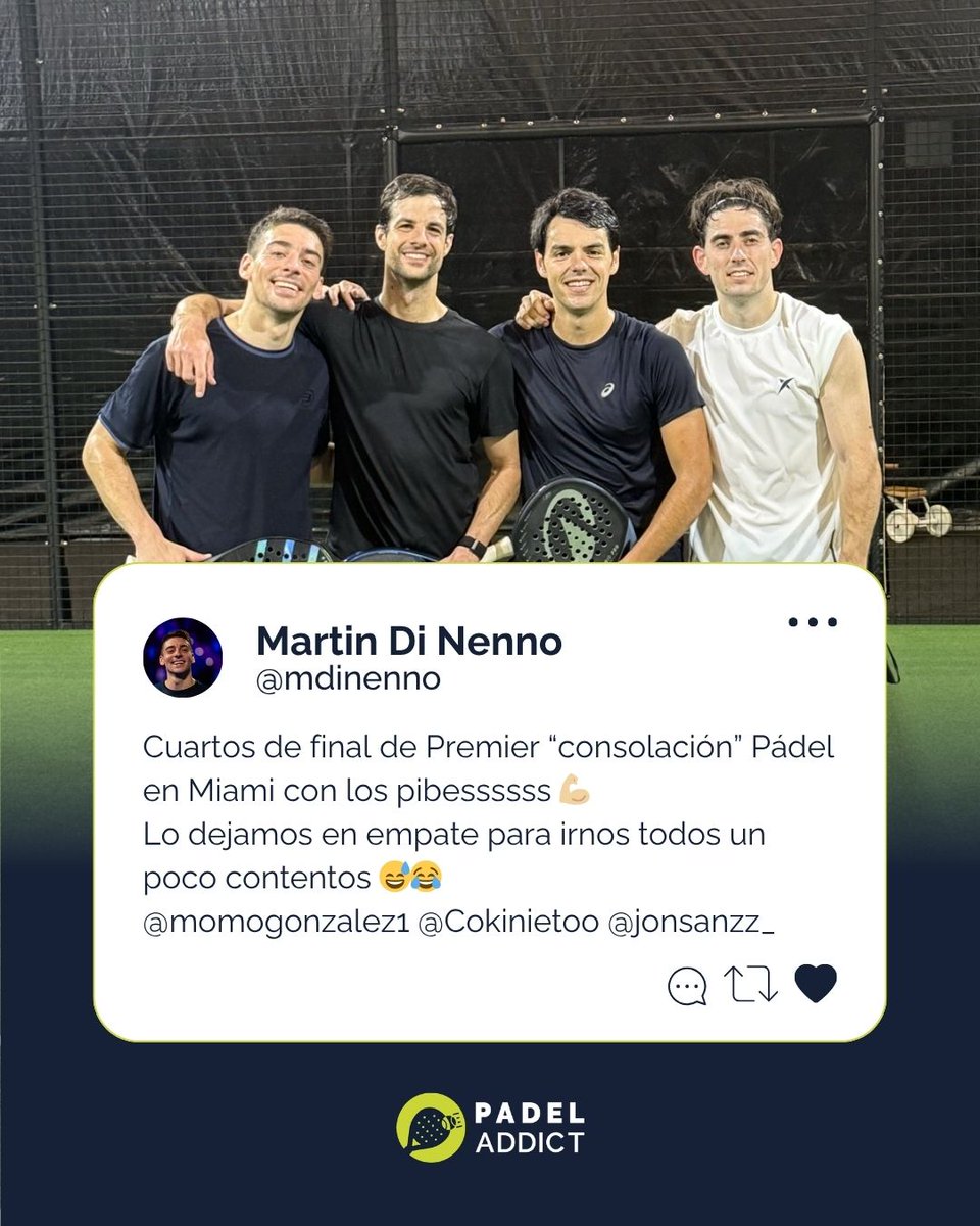 padeladdict's tweet image. 🤣 Di Nenno se toma con humor su pronta eliminación con Momo en el Cancún P2.

😅 Momo/Di Nenno y Coki/Jon jugaron su partido de consolación en Miami tras caer pronto en México.

😂 Lo dejaron en empate para irse ambas parejas contentas...

📸 @mdinenno

#premierpadel #padel