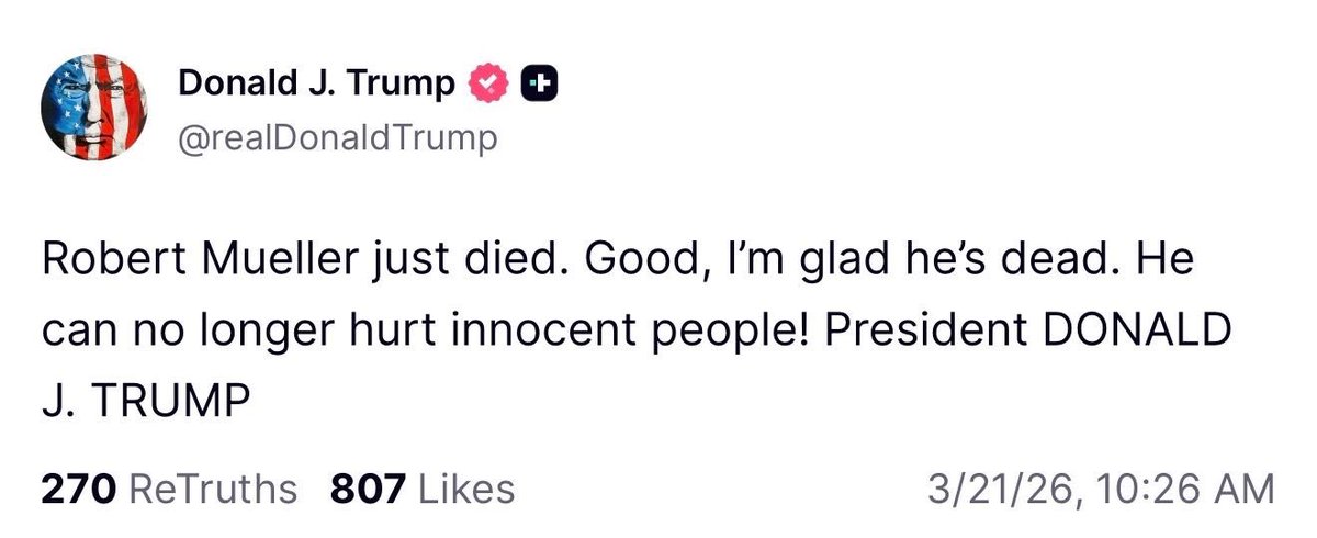 HazelnutMocha69's tweet photo. Robert Mueller was a patriot and served our country well. Trump has done nothing but serve himself hurting the American people in the process. Considering the current state of his decaying body, I have a feeling the entire world will be celebrating his death sooner than later. https://t.co/IJEVYsH7sW
