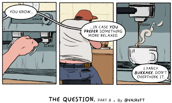 Vairott's tweet photo. Coffee and bukkake.

The Question comic update. (More in Patreon) https://t.co/RwdvTQmhQ3
