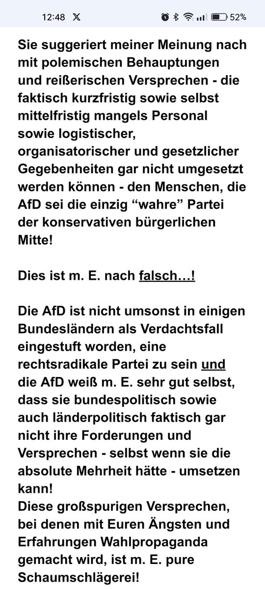 AstiPast's tweet photo. @Martin_Hess_MdB Die AfD weiß m E. ganz genau, viele ihrer reißerischen Forderungen u. Versprechen -"Zack, alles wird direkt besser, wenn wir die Macht haben"- sind defakto gar nicht so schnell umsetzbar, rein aus organisatorischen, personellen u. rechtl. Gründen. Seid ihr wirklich so einfältig? https://t.co/Vql8yo4JIn