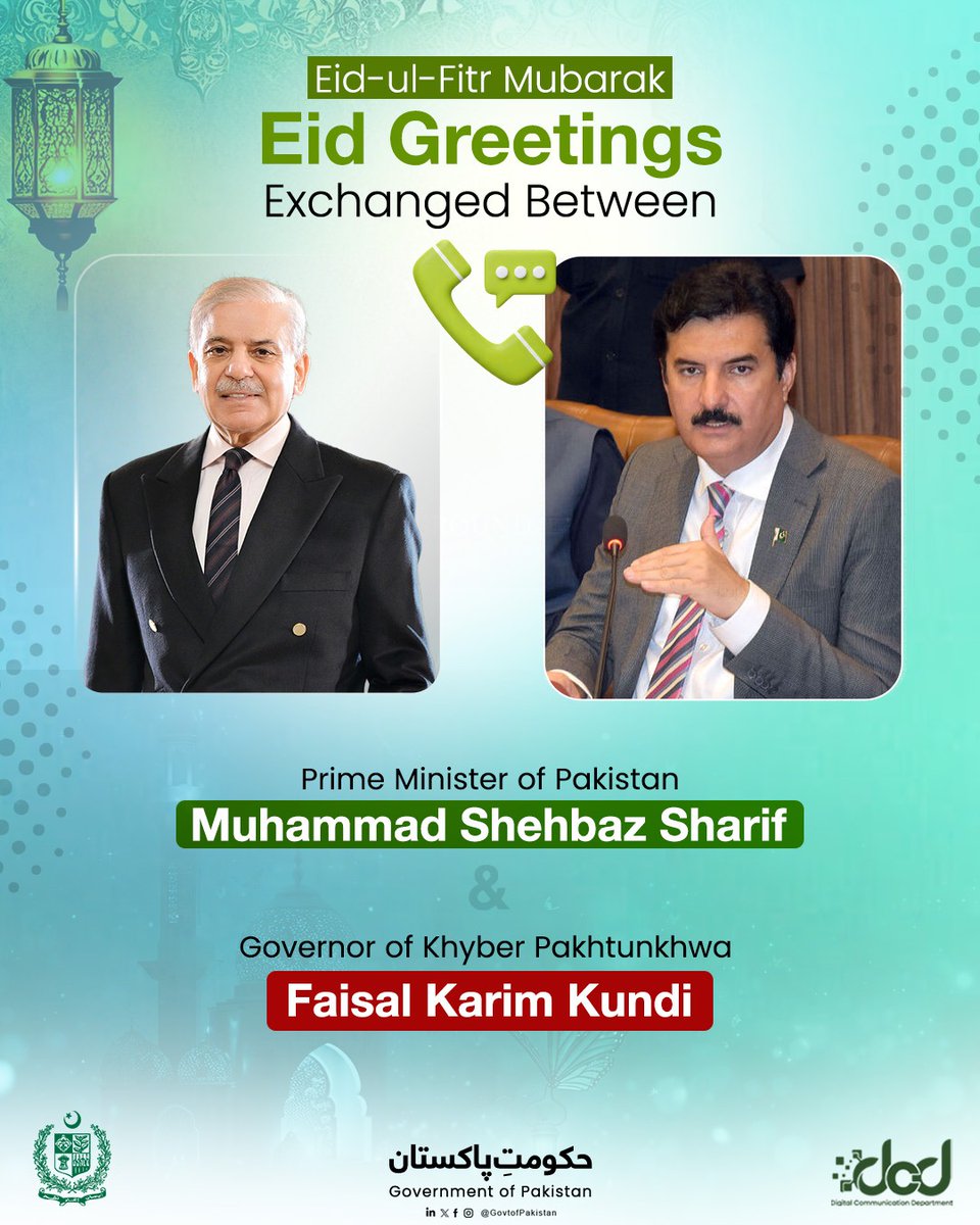 Prime Minister Muhammad Shehbaz Sharif and Governor Faisal Karim Kundi discuss Eid greetings and renewed commitment to Pakistan's progress