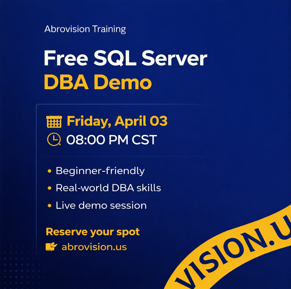 AbrovisionIT's tweet photo. Free SQL Server DBA Demo!
Join our live session and learn database administration skills from experts. Whether you're a beginner or looking to level up, this session is built to give you practical, job-ready knowledge.
📅 Friday, April 03
⏰ 08:00 PM CST
https://t.co/8CkiQAFoUj https://t.co/zX6rFZU9u5