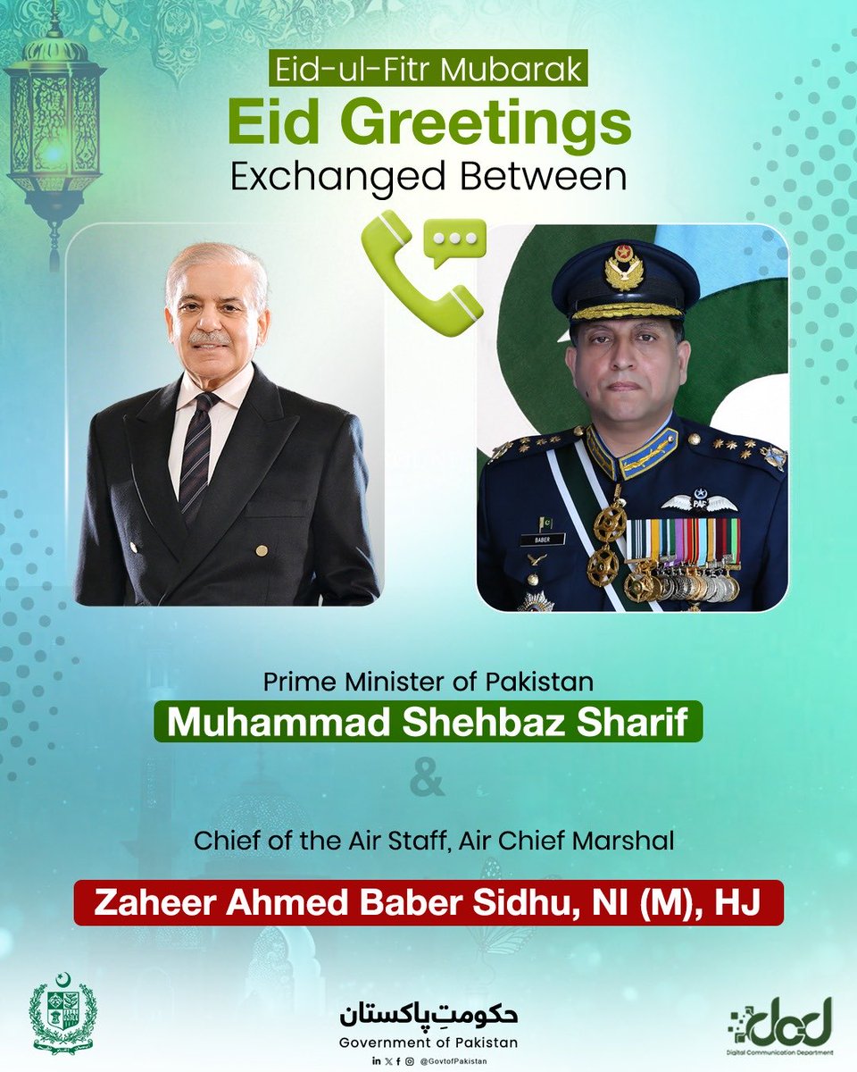 Prime Minister Muhammad Shehbaz Sharif Extends Eid Greetings in Telephonic Talk with Air Chief Marshal Zaheer Ahmed Baber Sidhu