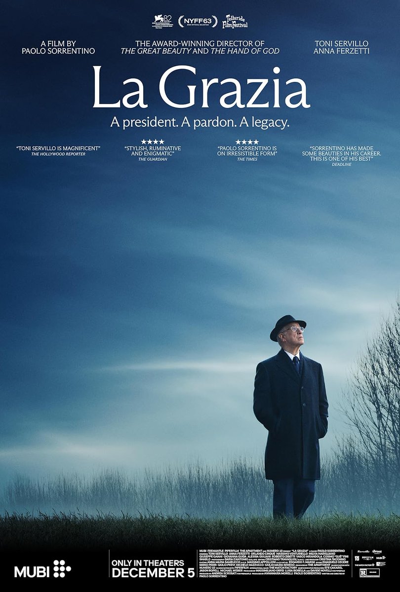 LA GRAZIA: LA BELLEZA DE LA DUDA
La grazia

Dirigida por Paolo Sorrentino
Con Toni Servillo, Anna Ferzetti, Massimo Venturiello, Milvia Marigliano, Orlando Cinque, Giuseppe Gaiani, Giovanna Guida, Alessia Giuliani, Roberto Zibetti, Linda Messerklinger
#ITALIA
#cine
<a href="/cinepolisarg/">Cinépolis Argentina</a>
