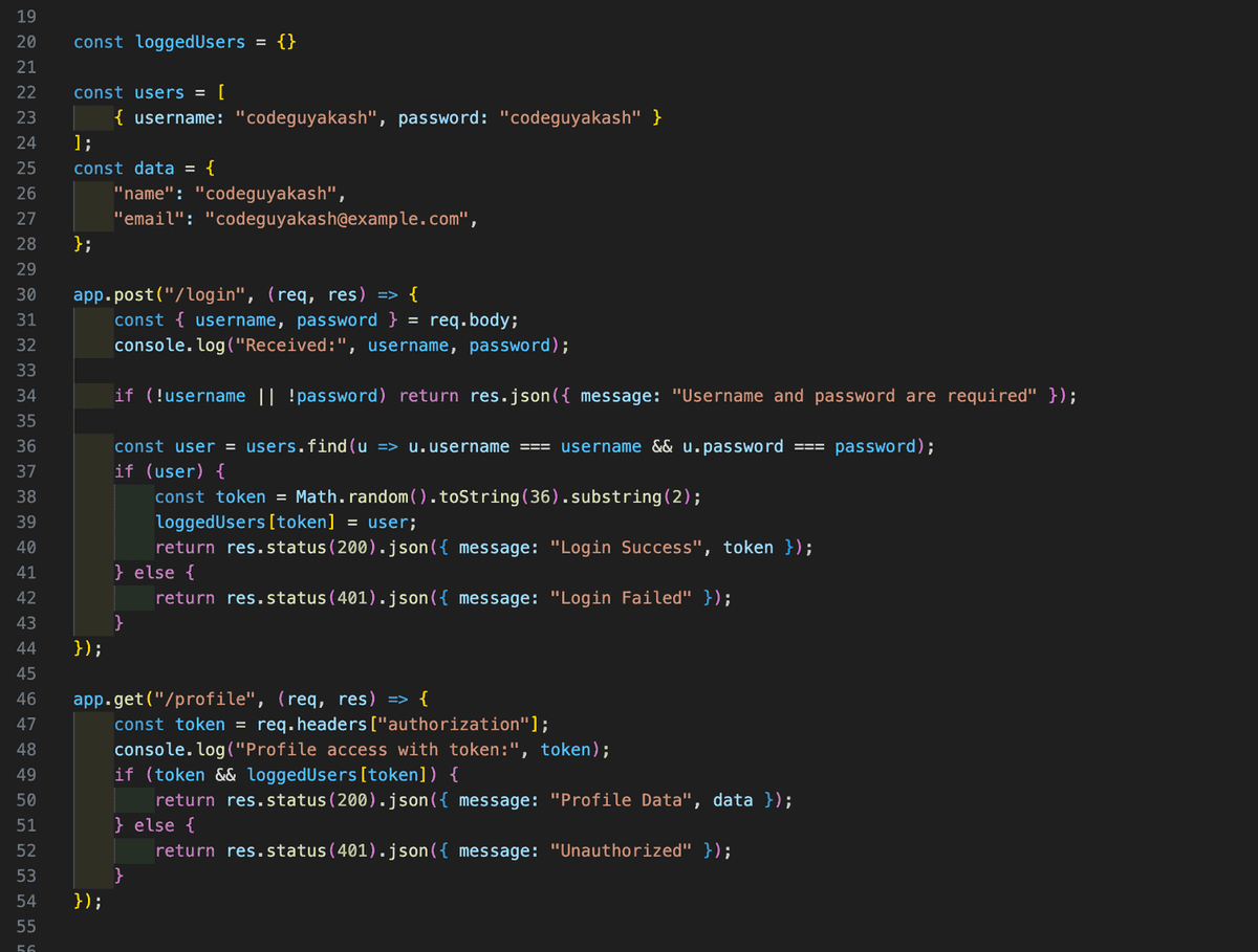 Can anyone spot a bug or security issue in this code? 🤔
I’ve implemented login + token-based auth, but it feels like something might be off.
Would love your review 👇

#NodeJS #Backend #CodeReview