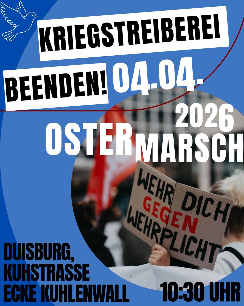 duisburg_quer's tweet photo. Keine neuen Waffenlieferungen, keine Auslandseinsätze und vor allem: keine Rückkehr zur Wehrpflicht und keine Werbung für die Bundeswehr in den Schulen und auf öffentlichen Werbeflächen! 

Kommt zum Ostermarsch auf der Kuhstraße/Ecke Kuhlenwall in Duisburg! https://t.co/rzdGcJ9g49