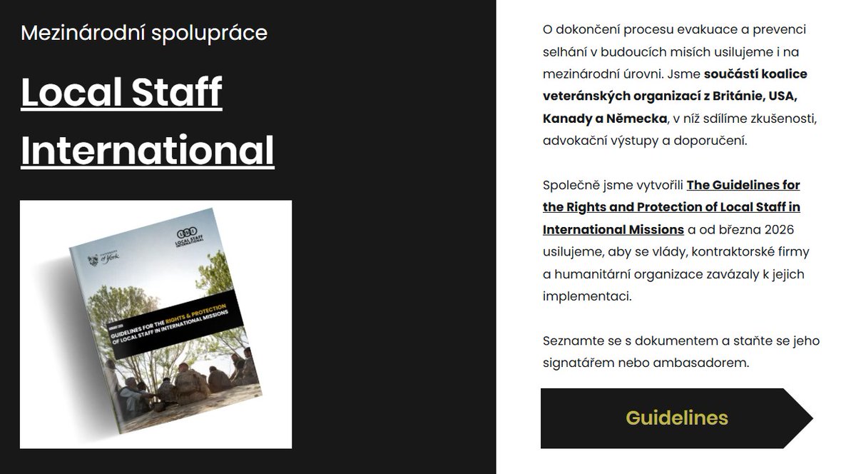 Spolek VLČÍ MÁKY se zapojil do mezinárodní iniciativy, která má zabránit opakování selhání z Afghánistánu. Nové Guidelines nastavují pravidla ochrany tlumočníků a dalších lokálních spolupracovníků zahraničních misí.

spolekvlcimaky.cz/post/spolek-vl…

#zachrantetlumocniky #localstaff