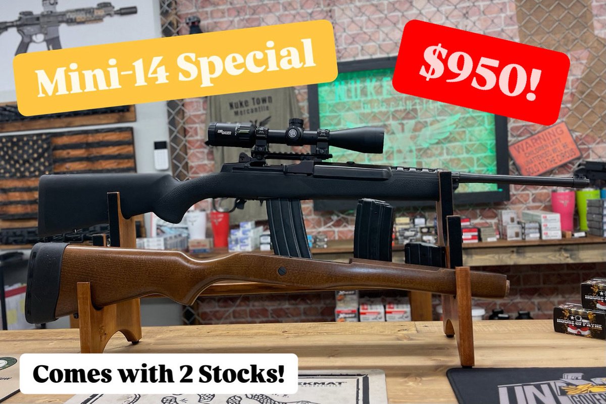 NukeTownShop's tweet image. Awesome deal on this Ruger Mini-14! Comes with 2 stocks, 3 mags, and Sig Scope!! #TiftonGA #pewpewlife #valdostaga