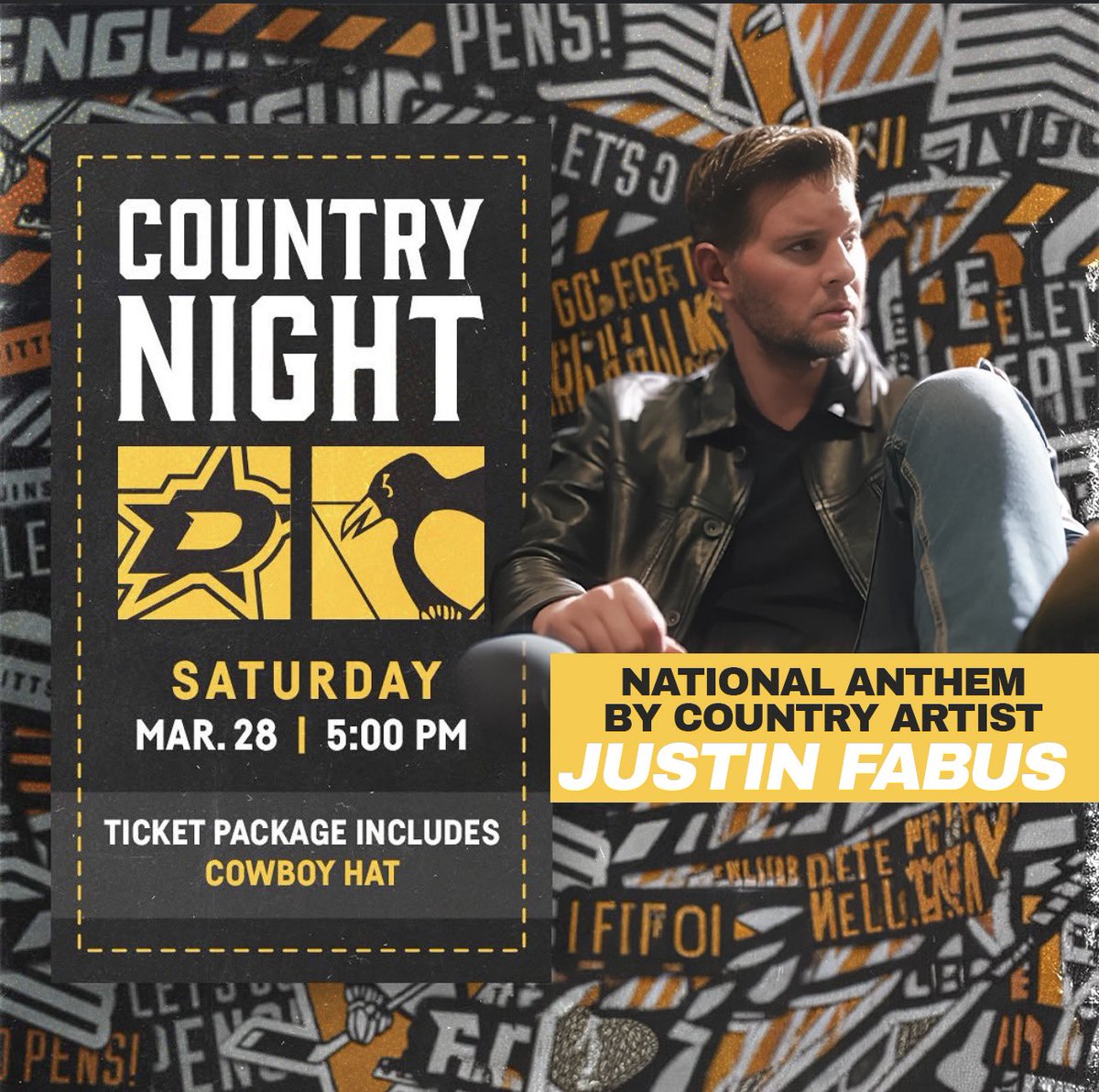 TheJustinFabus's tweet photo. Honored to be singing our National Anthem at the @penguins game for their Country Night against the @DallasStars on Saturday, March 28th! 🇺🇸🐧🤠

🎟️ - https://t.co/bSkVPOwAj9 https://t.co/DUd846WGkd