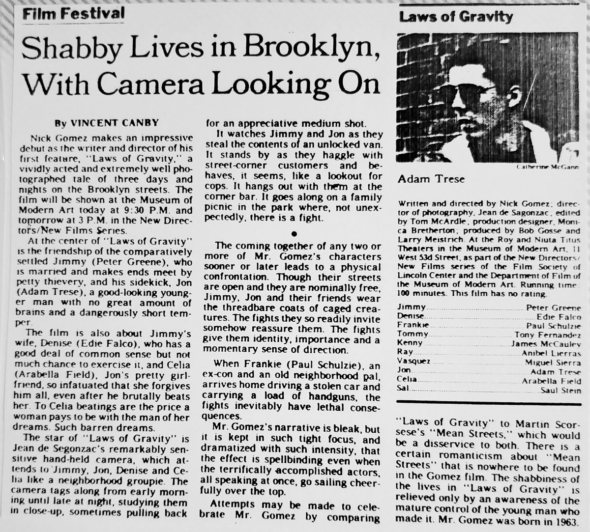 ClassicHBOGuide's tweet image. Premiering #OTD in 1992 in #NewYorkCity was Nick Gomez's gritty, low budget, $38,000 independent film: LAWS OF GRAVITY starring the late Peter Greene - one sheet, newspaper ad, original @nytimes review, still #1990s #independent #cinema