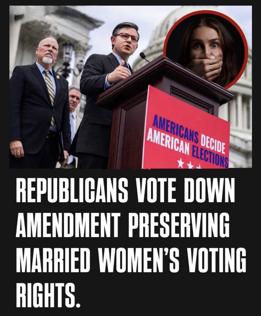 BiatchDulce's tweet image. House Republicans blocked an amendment by Rep. Brittany Pettersen (D‑CO) that would have ensured no eligible married woman could be denied the right to vote because her ID didn’t match her married name. 

The amendment was part of a fight against the MAGA backed SAVE America Act.