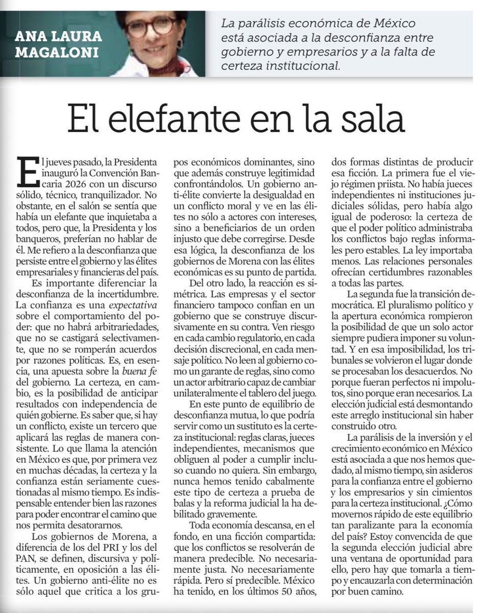EMILIAMDLAP's tweet photo. Brillante diagnóstico el de Ana Laura Magaloni.
Pero la “ventana de oportunidad” que propone al final -la elección judicial de 2027-, francamente, no la veo por ningún lado.

¿A qué se refiere exactamente?
¿A candidaturas “confiables” para el empresariado, promovidas y financiadas por éste?
¿A una improbable moderación o renuncia de los perfiles más radicales en la Corte?
¿A una disciplina judicial rígida que sustituya a la independencia?

Ese cierre suena, más bien, al discurso de quienes -con lucidez, sí- han decidido asumir que “ya estamos aquí y hay que acomodarnos”.

Y ahí es donde está el verdadero problema.

Porque esas posturas, viniendo de mentes brillantes, son quizás las más peligrosas:
no confrontan la erosión democrática, la racionalizan.

Hay demasiada complicidad en lo que está ocurriendo.
No toda es burda ni evidente. Mucha es sofisticada, argumentada, incluso bien intencionada. Pero sigue siendo complicidad.

La historia nos ha enseñado que cuando los regímenes se consolidan, los nombres visibles suelen ser pocos.
Pero los cómplices… son muchísimos.

Supongo que siempre ha sido así.
Y, aun así, no deja de ser profundamente triste.