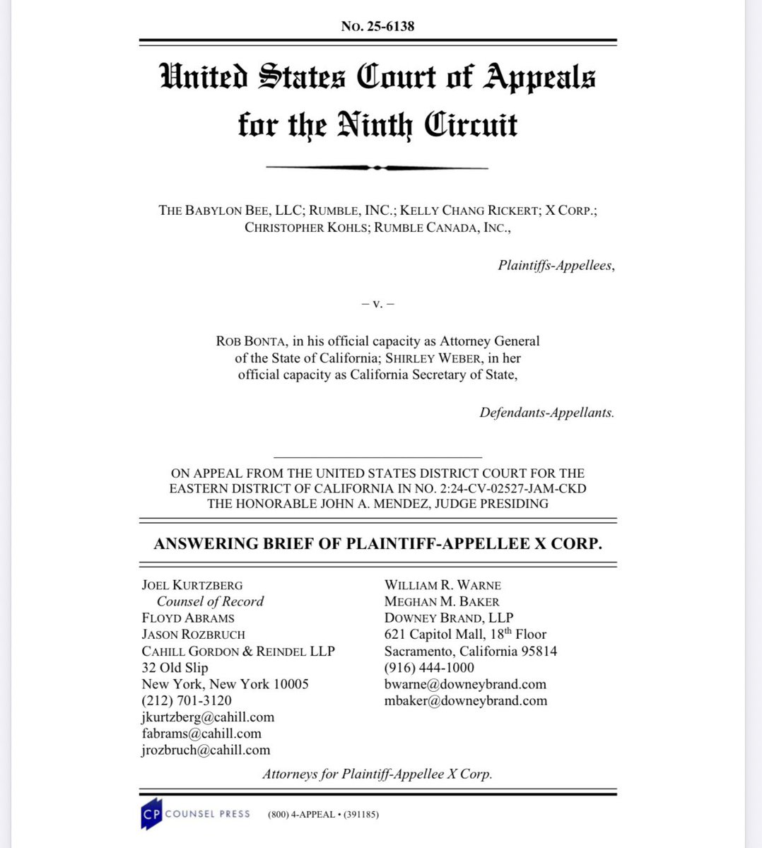 We recently filed in the Ninth Circuit to defend our successful challenge to AB 2655, a California law regulating political "deepfakes" and "deceptive conduct"--aka satire and commentary. 

Foremost, we want to thank the diverse array of groups and people supporting us.  1/