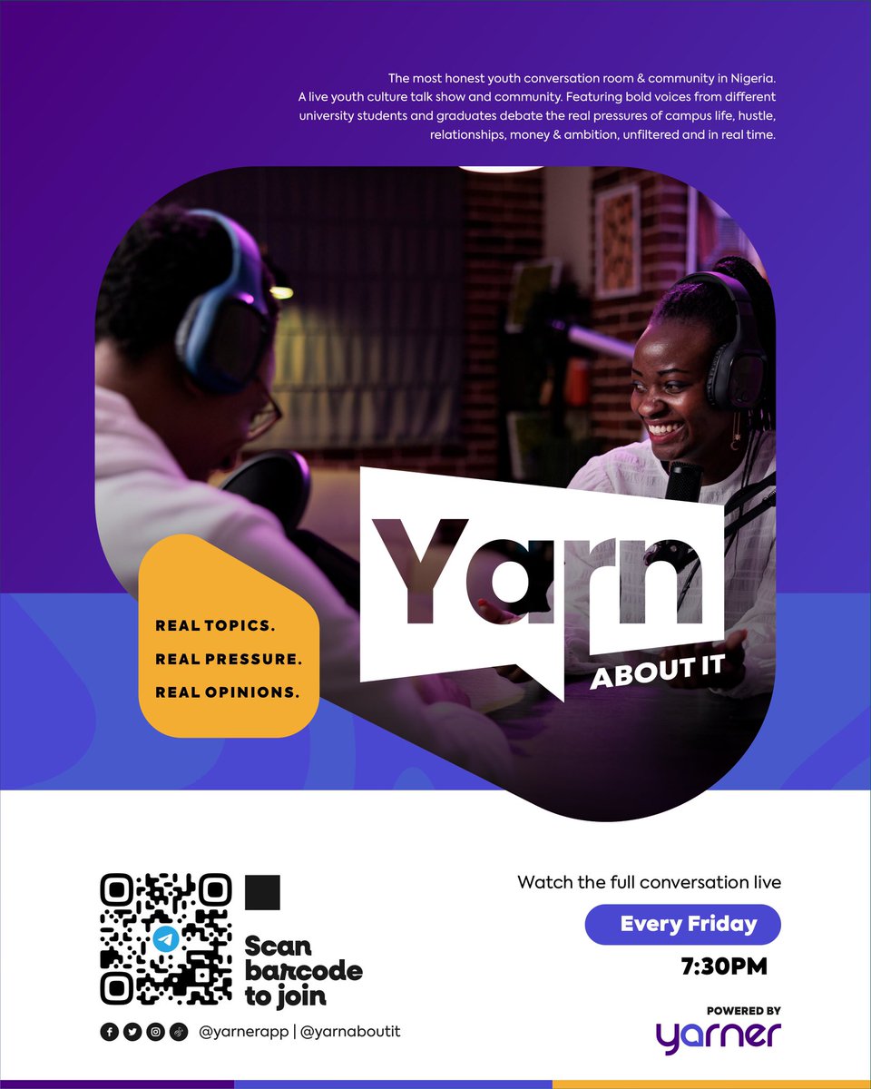 yarnerapp's tweet photo. Yarn About It is BACK 💜

The most honest youth conversation in Nigeria is back and louder than ever.

A space where young people speak freely, share real experiences, and debate the things that actually matter.

🔗Location: https://t.co/PVVQ1eY3ne  🕢 10TH April  | 7:30PM https://t.co/quXQmCM36F