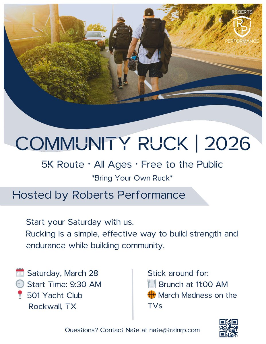 trainRP's tweet photo. 👟 Start your Saturday with us.

Community Ruck — March 28
9:30 AM @ 501 Yacht Club (Rockwall)

Free. All ages. No sign-up.
Brunch + March Madness after. https://t.co/JINOabcO3e