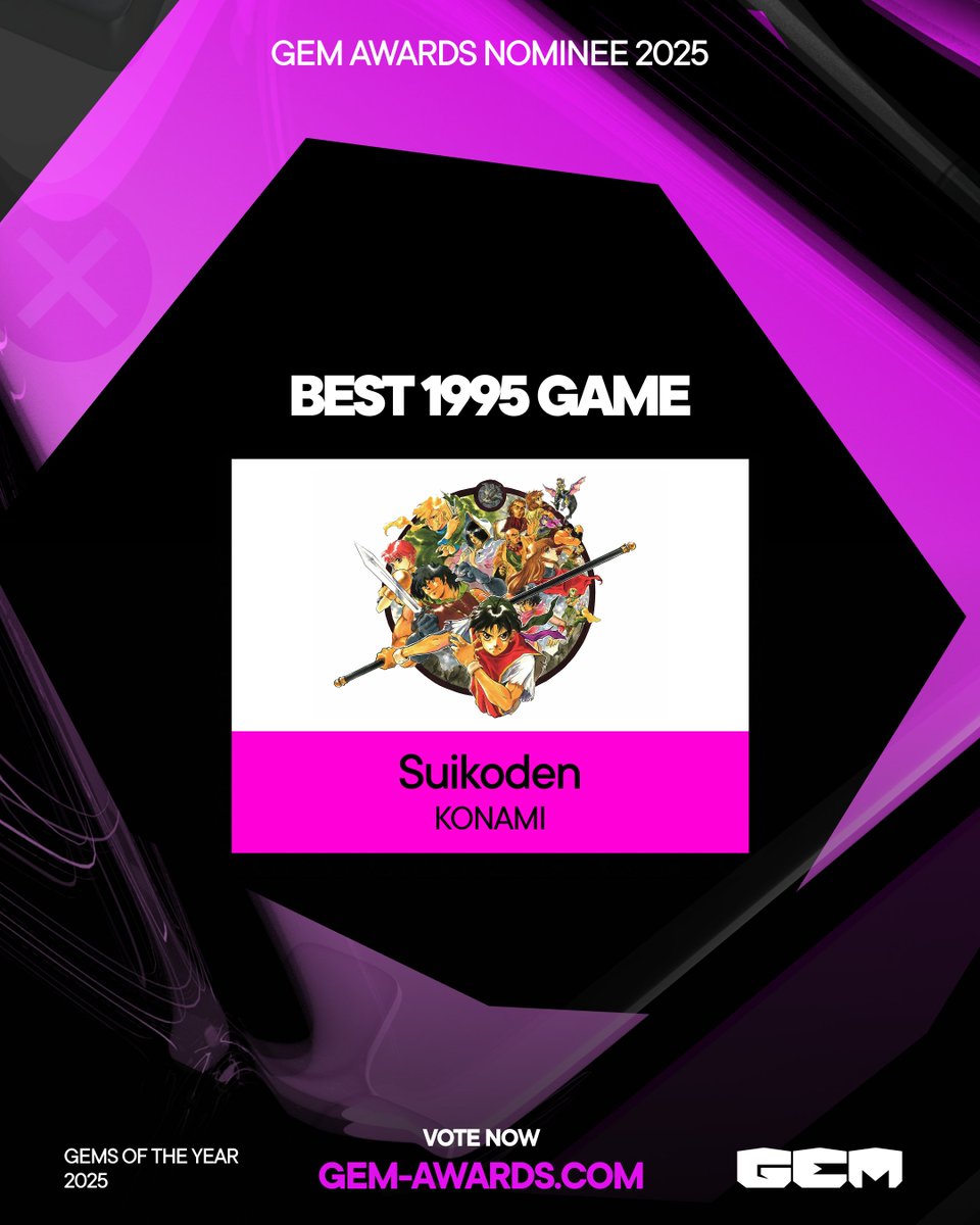 Suikoden está nominado al premio a Mejor juego de 1995 en los GEM Awards

Las votaciones cierran el 8 de abril - el mismo día que arranca la gala. Entra, descubre más y vota ya: brnw.ch/21x0Wbx