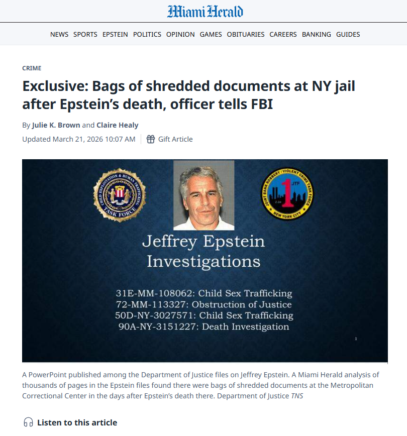 GloryBound_info's tweet image. "Bags of Shredded Documents at NY Jail after Epstein's Death, Officer Tells FBI"

(One wonders what good that would do. Link posted below due to X's algorithm penalty.)
