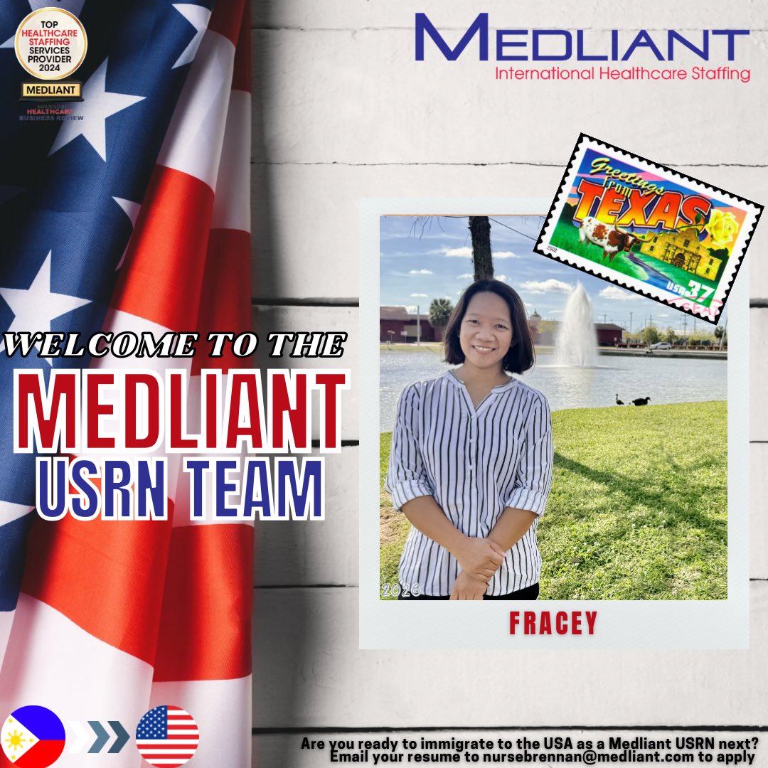 Medliant's tweet photo. Congratulations and welcome to the Medliant USRN family Fracey! 🩺🇺🇸

You can apply to become a Medliant USRN next by emailing your resume to nursebrennan@medliant.com today!

#registerednurse #internationalnurse #internationalnurses #USRN #NCLEX https://t.co/Miz0w3vqrw