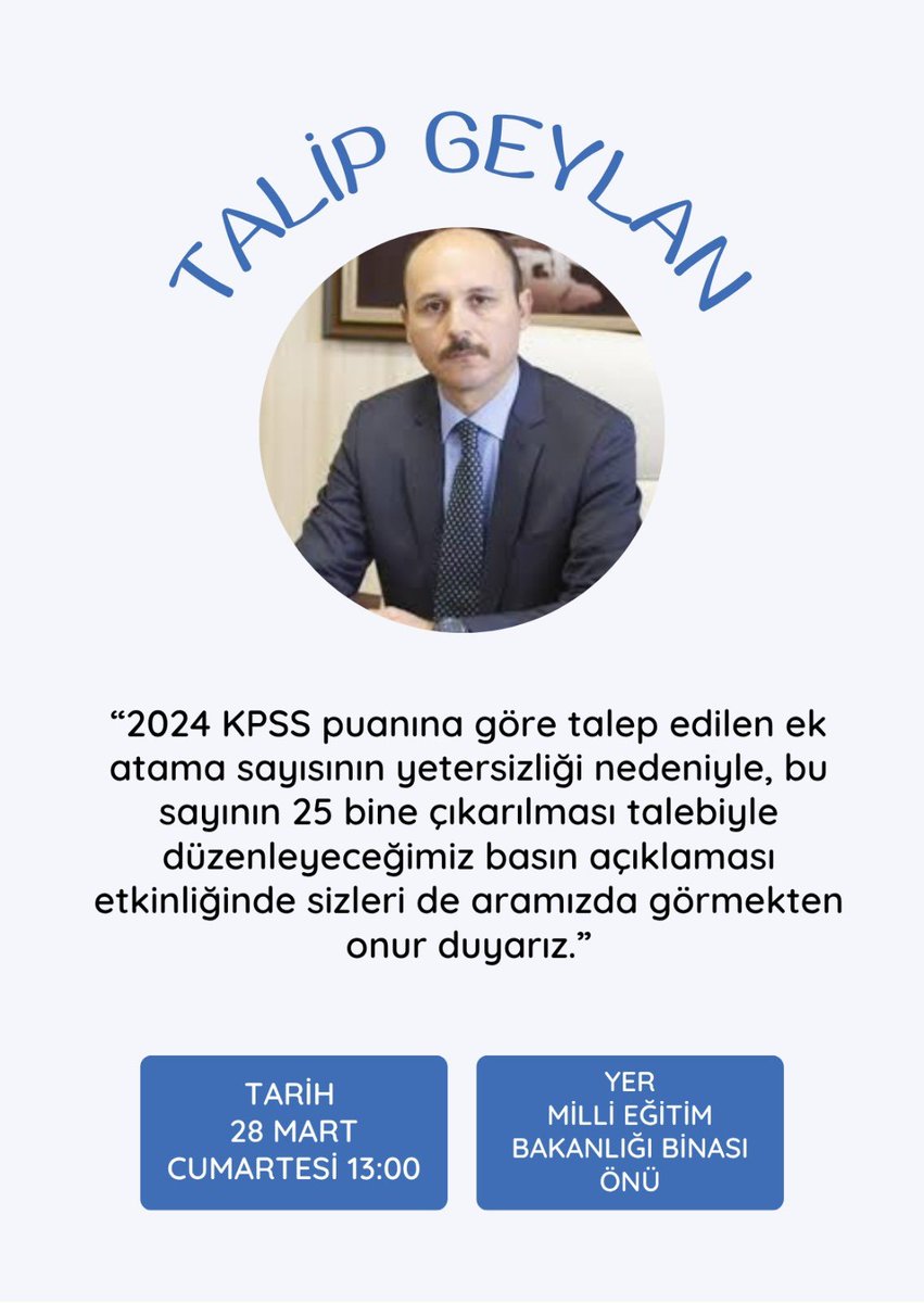 Sayın Başkanım , <a href="/TalipGeylan06/">Talip Geylan</a> biz 28 Mart Cumartesi günü saat 13.00'de Milli Eğitim Bakanlığı Önündeyiz. Sizlerle birlikte sesimizi daha güçlü şekilde duyurmak istiyoruz. Sizleri bu haklı davamızda aramızda görmek bizlere güç verecektir.