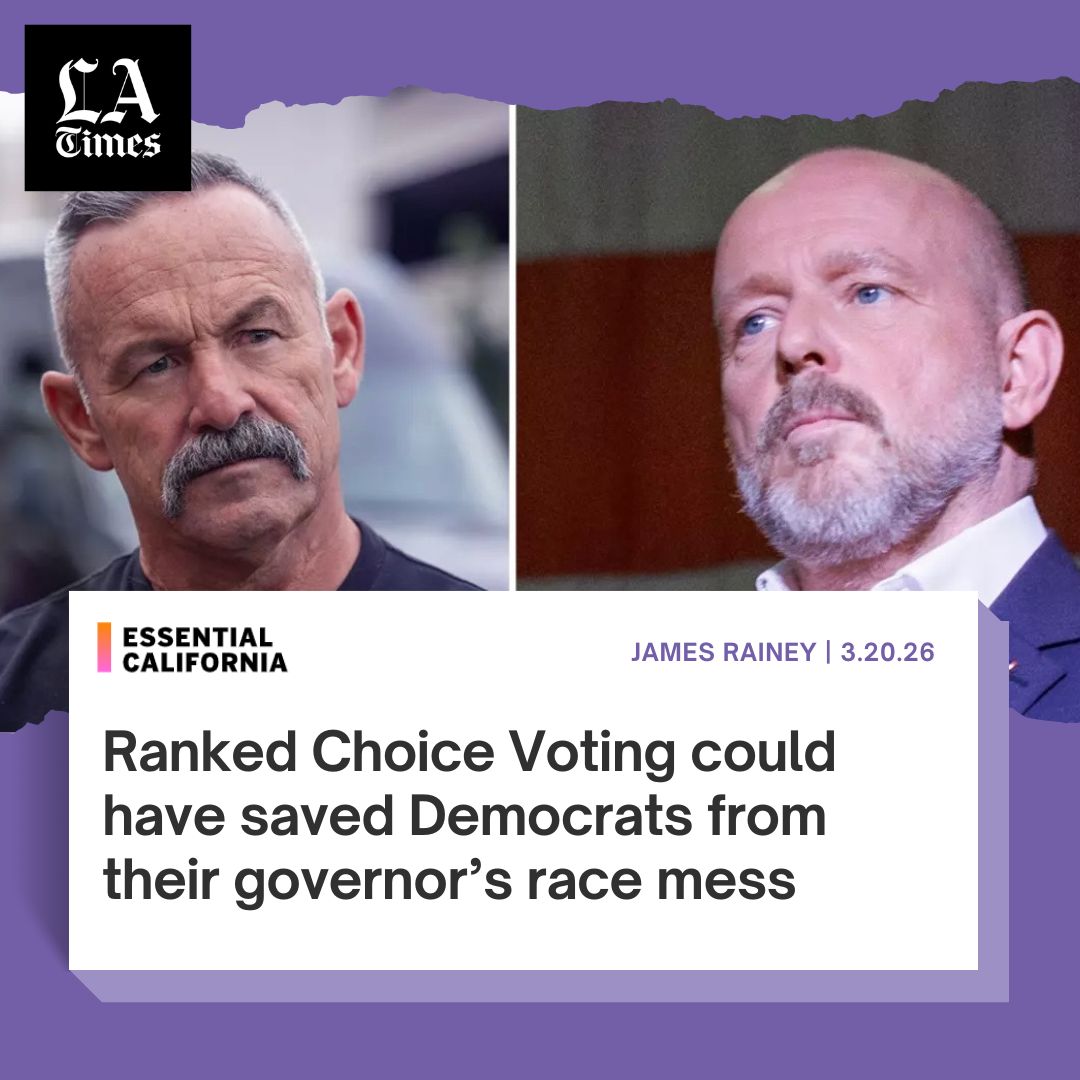The <a href="/latimes/">Los Angeles Times</a> stops to ask 'What if California's governor's race didn't have to be a vote-splitting nightmare?'

With 10+ candidates crowding the 2026 primary, the answer is right there: Ranked Choice Voting!

Read the <a href="/latimes/">Los Angeles Times</a> article 👇️ 
buff.ly/nAfPdFW 

#CalRCV