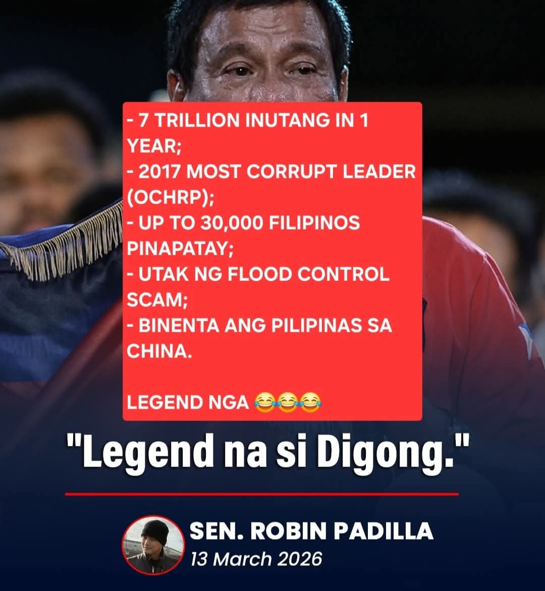 Sabi ni Robin Padilla legend daw si Digonggong...
- 7 trillion ang inutang sa isang taon;
- 2017 Most Corrupt Leader (OCHRP);
- 30,000 na mahirap na Pilipino ang pinatay;
- Utak ng Flood Control Scam;
- Binenta ang Pilipinas sa China
- and many more CORRUPT ACTIVITES.

OO NGA