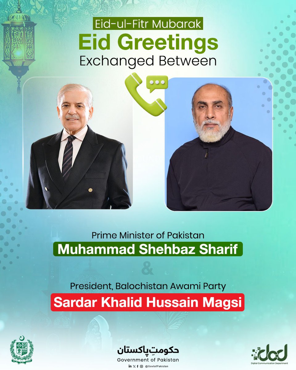 PM Shehbaz Sharif Reaffirms Cooperation with BAP President Khalid Magsi on Eid-ul-Fitr