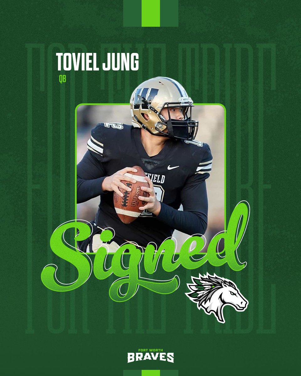 CoFLBraves's tweet photo. We have signed QB Toviel Jung! 

In his last season he put up 2k pass Yds and 17 TDs!

Toviel has an exciting &amp; well documented football journey that his 37k followers across his socials have watched from afar, and we can't wait to be the next step in his journey! #ForTheTribe https://t.co/DEn6Ns7CS0