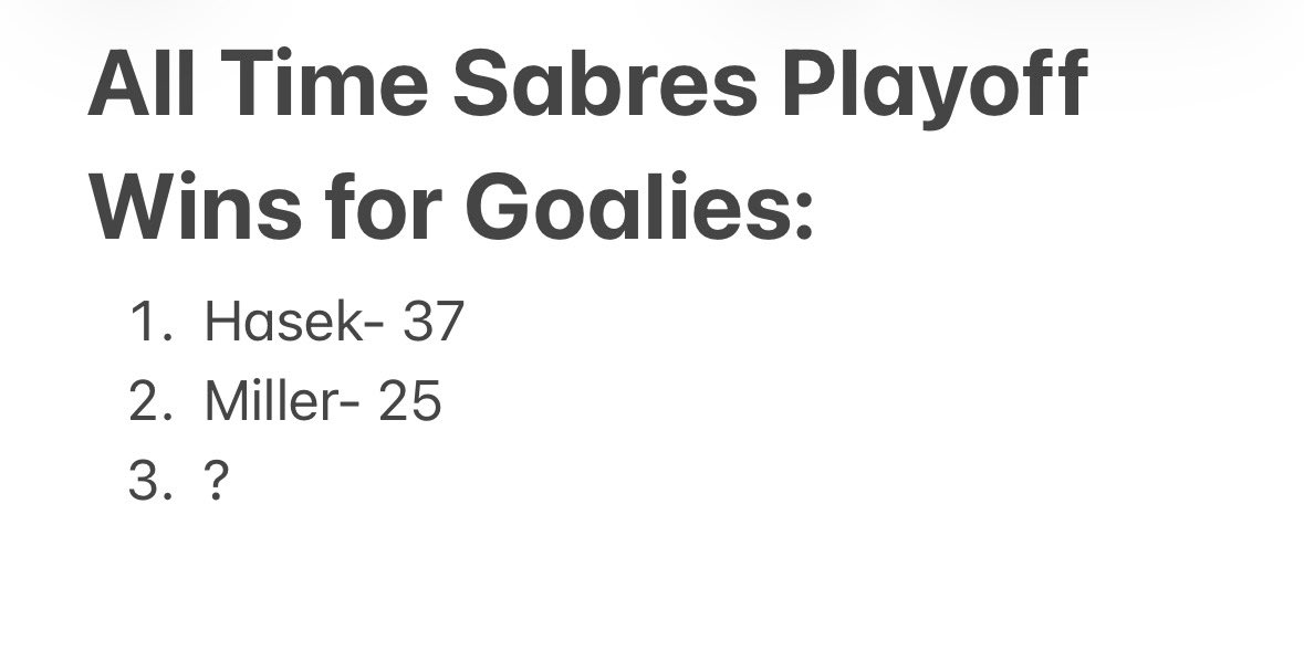 SabresFunStats's tweet photo. ⚔️🚨⚔️🚨
Sabres Playoff Trivia

Let’s giveaway some Jarmo Effect gear. 

Like and Quote this Tweet with your answer. 

Two goalies are tied for 3rd on the all time Wins list with 13. Hint, they’re linked together in #Sabrehood history. 

Winner will be chosen after Sundays game. https://t.co/Qr8DPlD4R0