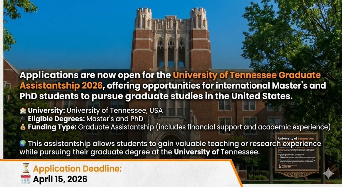 Applications for scholarships are now open for the University of Tennessee Graduate Assistantship 2026, offering opportunities for international Master’s and PhD students to pursue graduate studies in the United States.
🏫 University: University of Tennessee, USA
🎓 Eligible