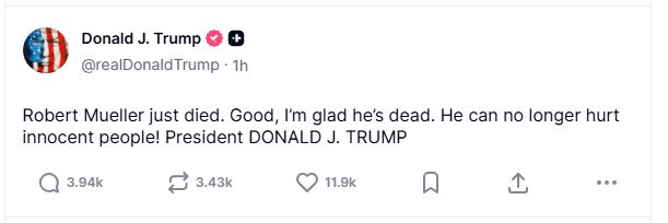 sophon3body's tweet photo. I just checked on Truth Social. Yes, he did post this. Y'all who said that "leftists" were happy when Charlie Kirk was killed, you're going to call the King in Orange out on this, right? Right????! 🦗🦗🦗 https://t.co/wADeZUqsyg