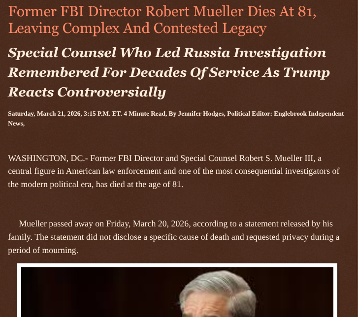ArtFletcher9's tweet photo. Former FBI Director Robert Mueller Dies At 81, Leaving Complex And Contested Legacy https://t.co/0jMeBtg3yT via @Englebrooknews #WashingtonDC #Former #FBIDirector #RobertMueller #passesaway #specialcounsel #russiagate #PresidentTrump @wireless_step @HRG_Media @LodiNJNews @Fordmb1953 @SarahGeving1 @Shannon96574094 @Daytobehappy @janninereid1 @gator4kb18 @MichelleF_35 @TrumpWasRite2 @KathyKbrose @RobGerundo @JimBobW49
