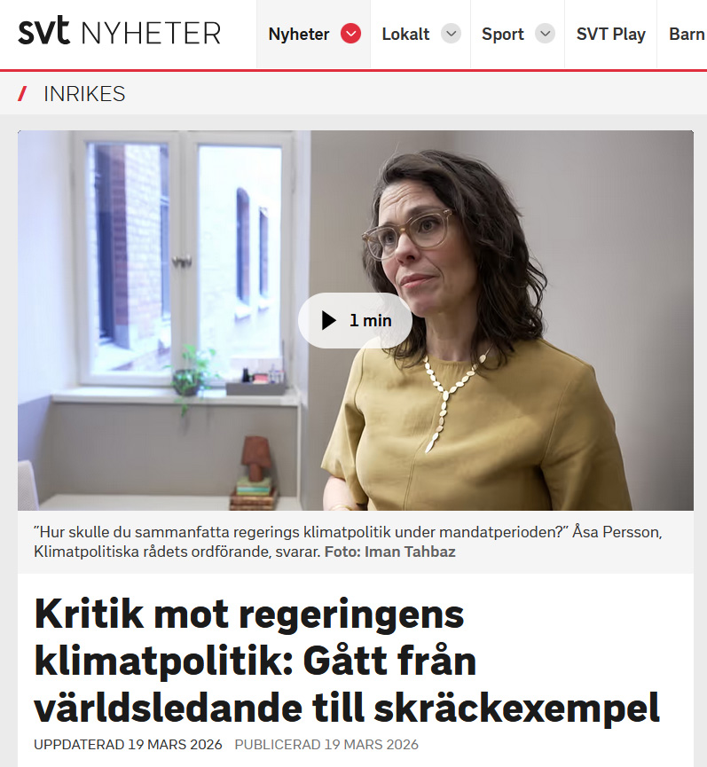 Det här är så uselt av <a href="/svt/">SVT</a> - Sverige ligger fortfarande i absolut framkant internationellt och har sammantaget i princip nollutsläpp av växthusgaser. Lägsta möjlig pressetik och public service-ansvar att släppa fram Socialdemokraternas oseriösa påhopp, och utan att ens