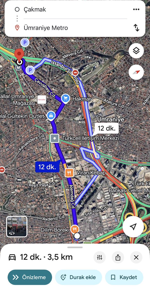 sametorakci's tweet photo. @menesduran Fotoğrafın hemen az gerisinde Çakmak otobüs durağı var. Haritada işaretlediğim bu iki durak arası 3,5 km 12 durak var. Bu iki durak arasını bir keresinde bir hafta içi iş çıkışı yaklaşık 1 saat 15-20 dakikada geçtim. Burası Ümraniye trafiğinin Everest’tidir.😄 https://t.co/Nz8kamHypT